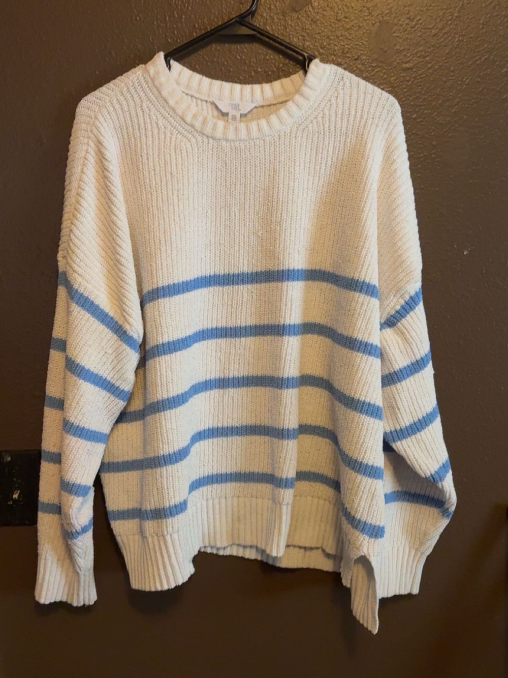 Cozy Cream & Light Blue Striped Crewneck Sweater